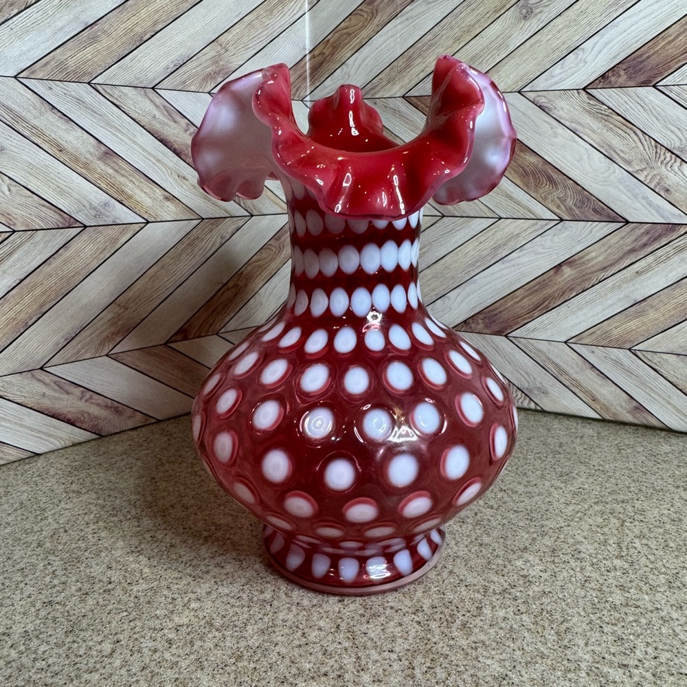 Fenton cranberry adolescent polkadot ruffled vase